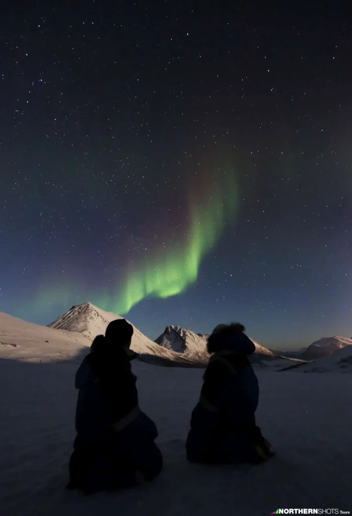 Two silhouetted guests kneeling in the foreground, facing a bright aurora flare rising over moonlit mountains.